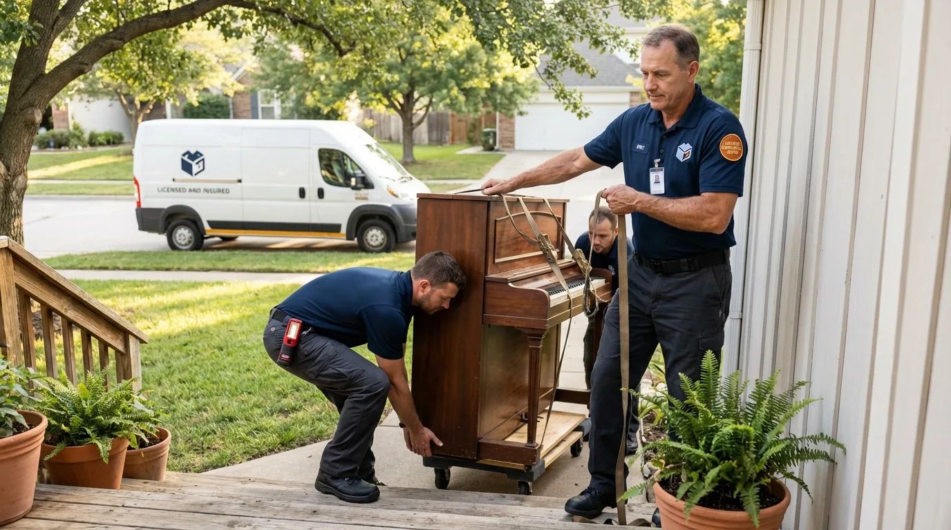 Licensed piano movers securing grand piano in Glens Falls, NY