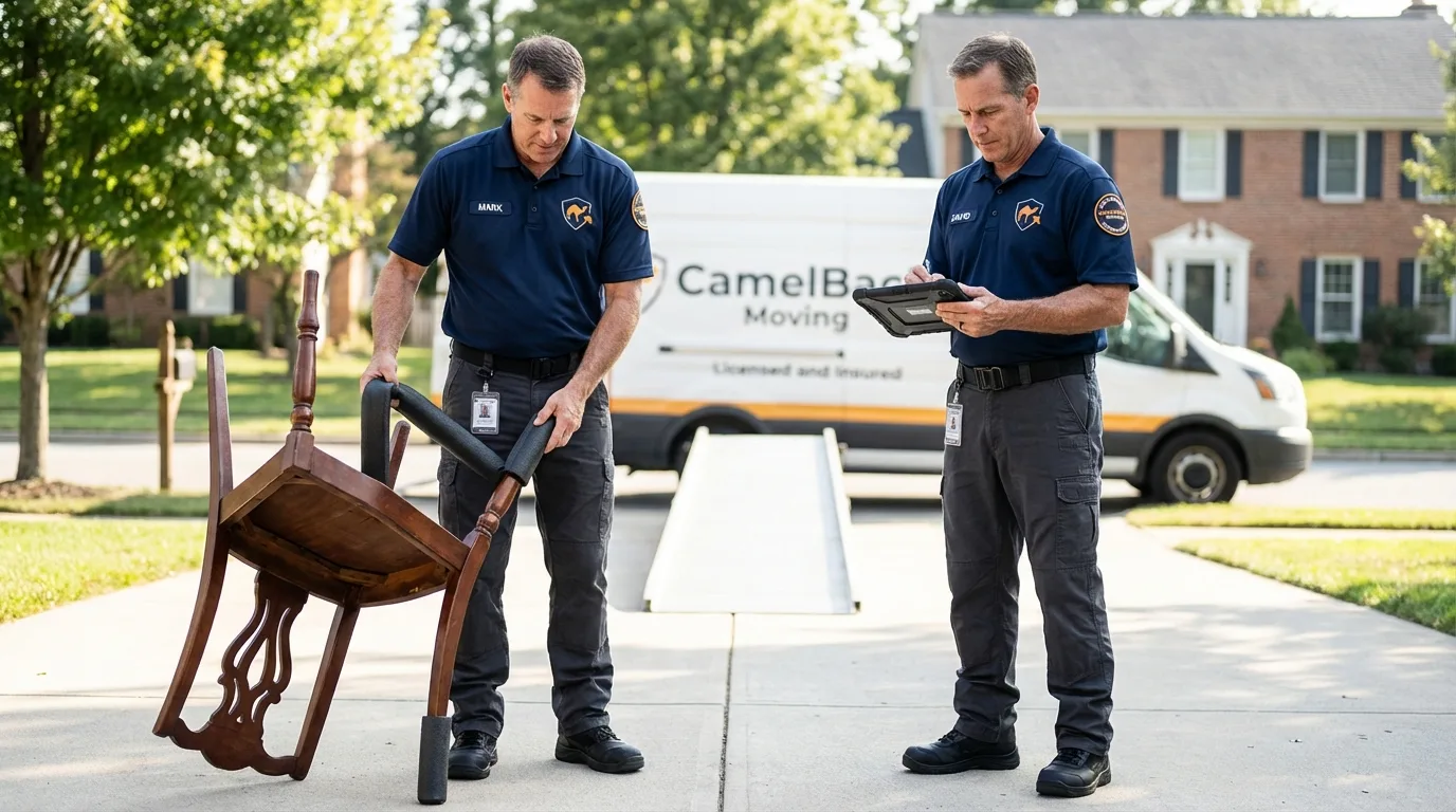 Movers inspecting furniture for damage prevention before loading in Glens Falls, NY
