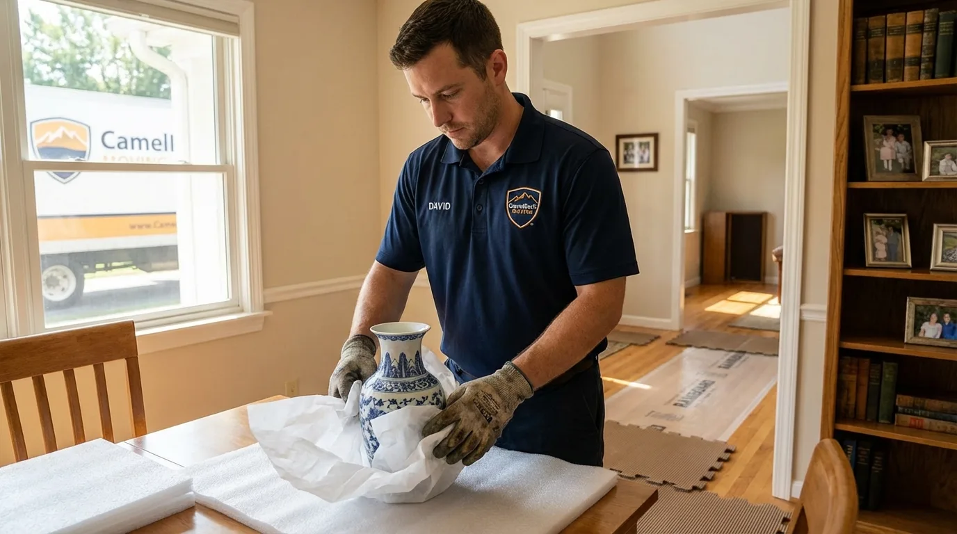 Professional crew carefully wrapping antique vase for senior downsizing move in Glens Falls, NY